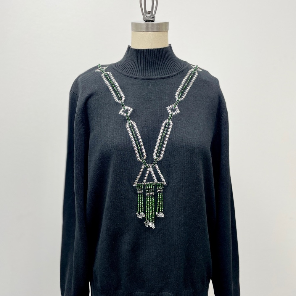 Bob Mackie Black Sweater with Green and Silver Embellishments